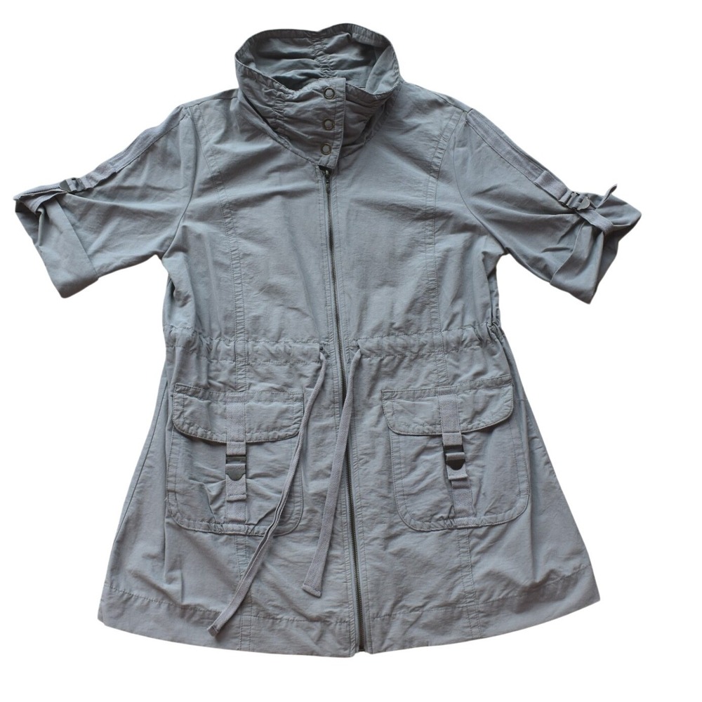 JW Women Grey Shirt Jacket Short Sleeve Zip up Drop Waist Light Field Military L